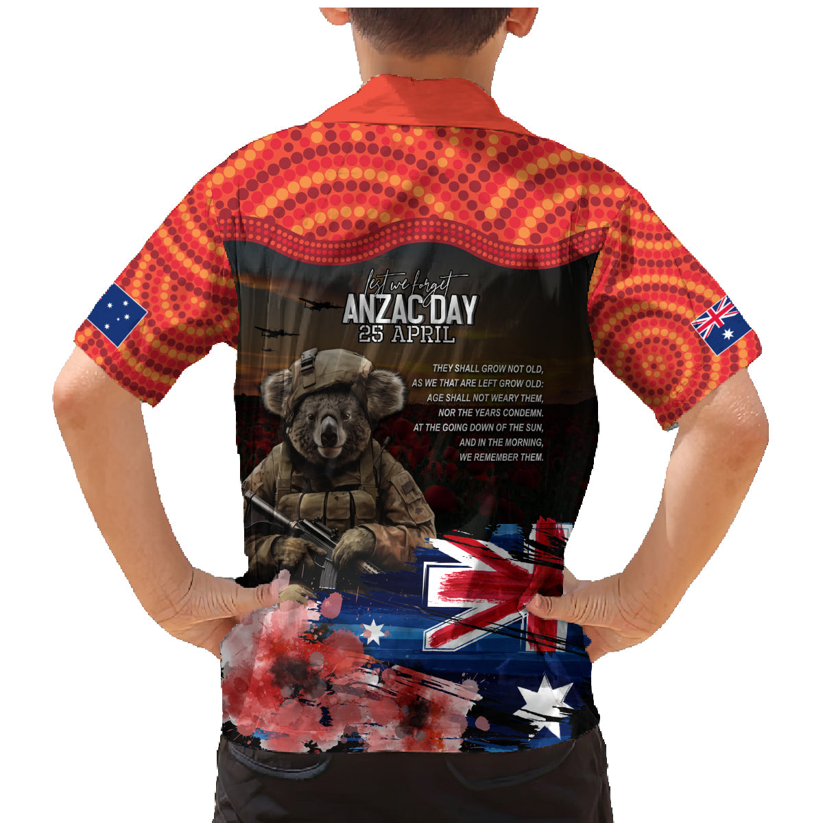Australia ANZAC Day Family Matching Mermaid Dress and Hawaiian Shirt Koala and Kangaroo Red Poppy Flower Field Aboriginal Pattern