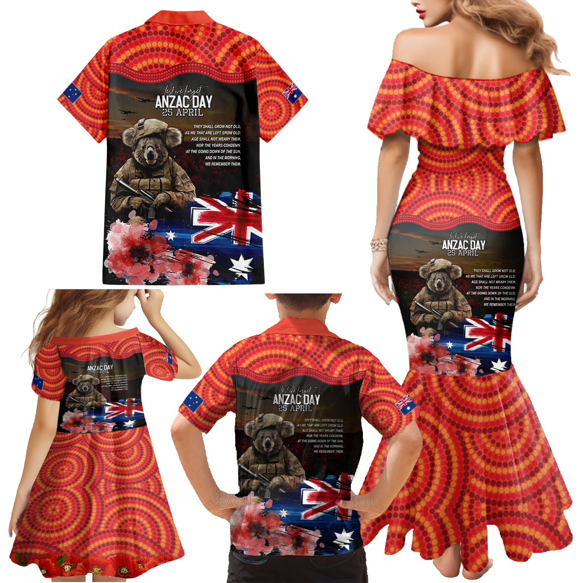 Australia ANZAC Day Family Matching Mermaid Dress and Hawaiian Shirt Koala and Kangaroo Red Poppy Flower Field Aboriginal Pattern