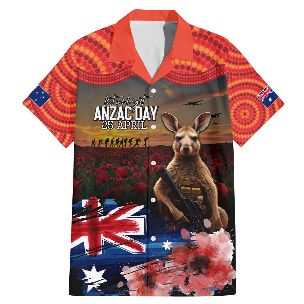 Australia ANZAC Day Family Matching Mermaid Dress and Hawaiian Shirt Koala and Kangaroo Red Poppy Flower Field Aboriginal Pattern