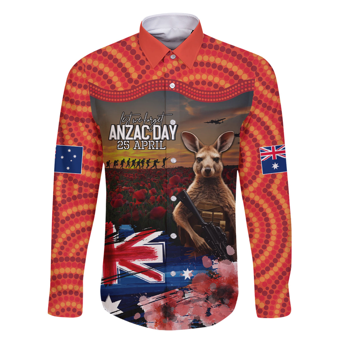 Australia ANZAC Day Family Matching Mermaid Dress and Hawaiian Shirt Koala and Kangaroo Red Poppy Flower Field Aboriginal Pattern