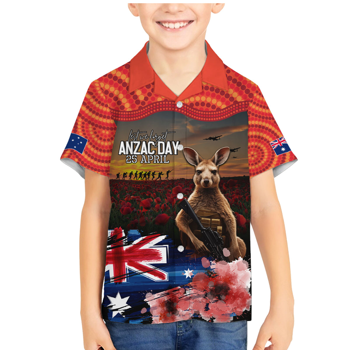 Australia ANZAC Day Family Matching Mermaid Dress and Hawaiian Shirt Koala and Kangaroo Red Poppy Flower Field Aboriginal Pattern