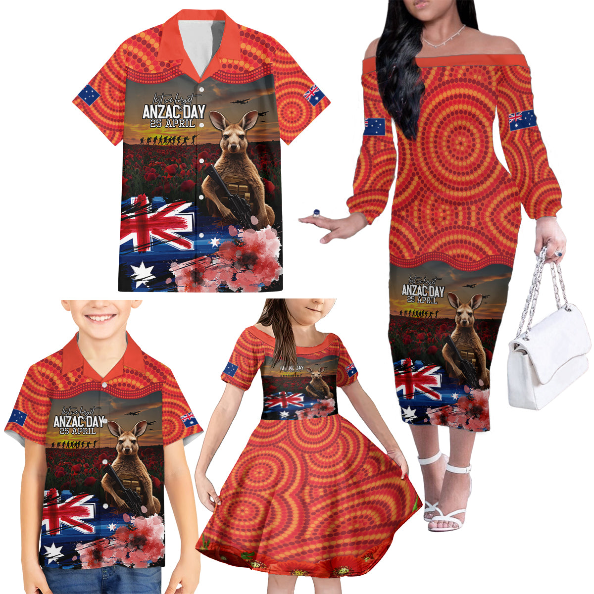Australia ANZAC Day Family Matching Off The Shoulder Long Sleeve Dress and Hawaiian Shirt Koala and Kangaroo Red Poppy Flower Field Aboriginal Pattern