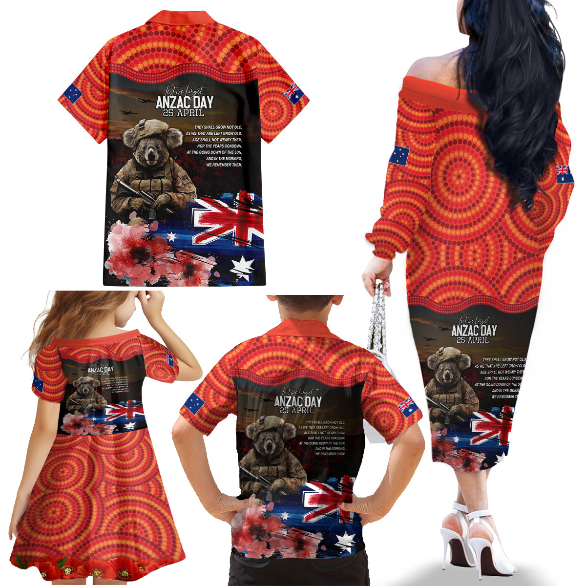 Australia ANZAC Day Family Matching Off The Shoulder Long Sleeve Dress and Hawaiian Shirt Koala and Kangaroo Red Poppy Flower Field Aboriginal Pattern