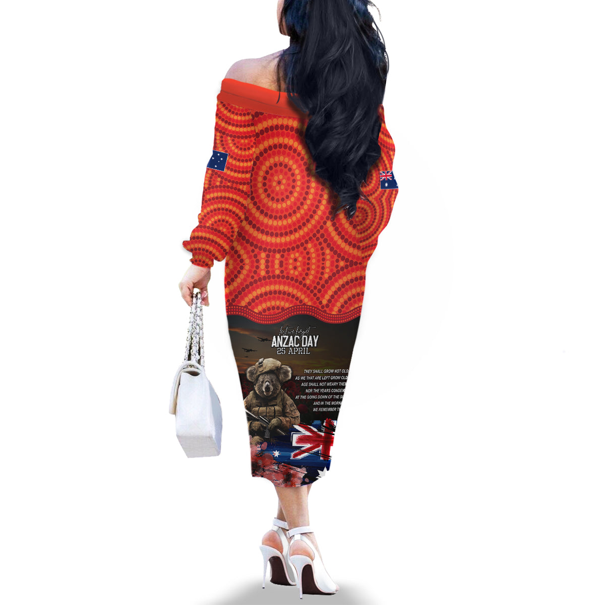 Australia ANZAC Day Family Matching Off The Shoulder Long Sleeve Dress and Hawaiian Shirt Koala and Kangaroo Red Poppy Flower Field Aboriginal Pattern