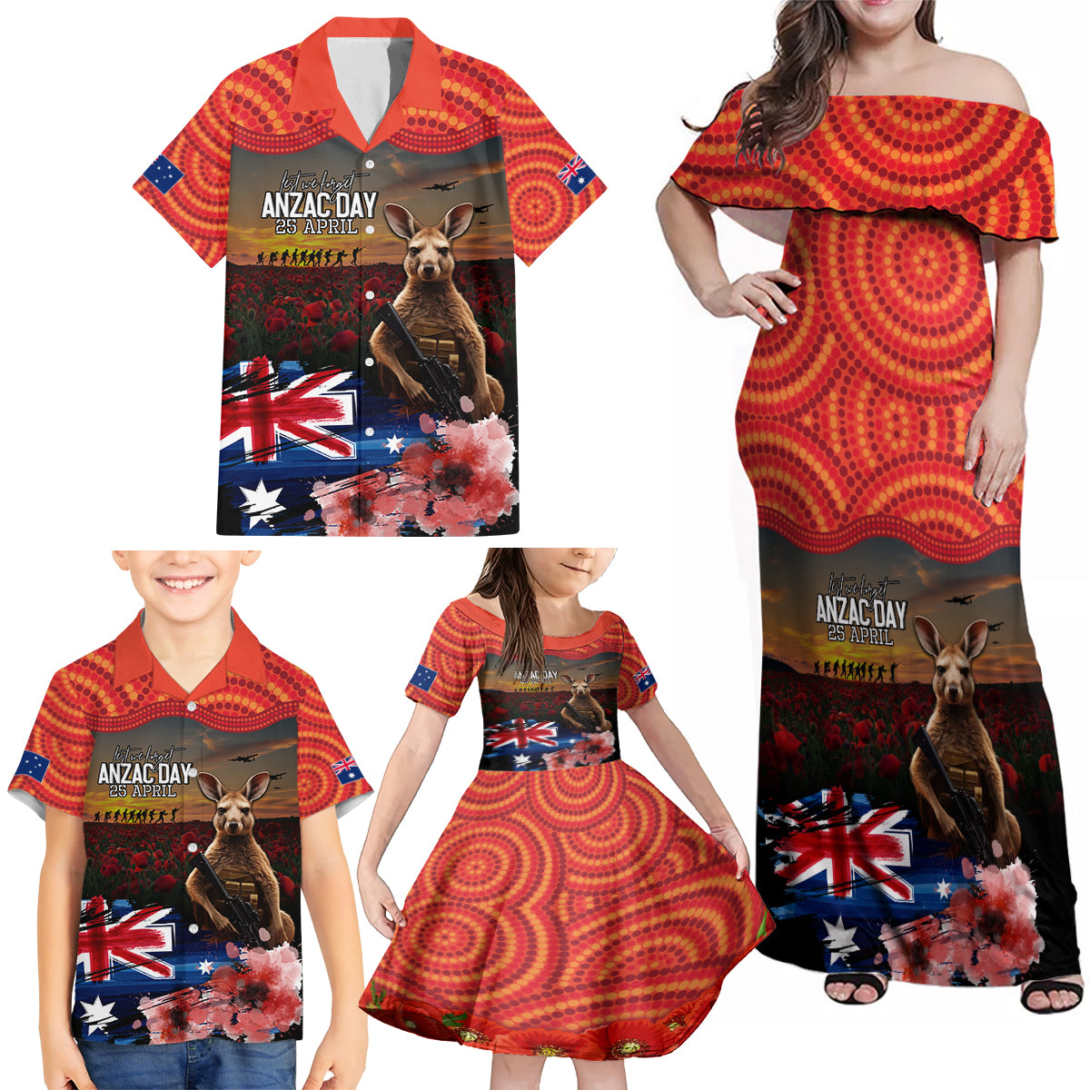 Australia ANZAC Day Family Matching Off Shoulder Maxi Dress and Hawaiian Shirt Koala and Kangaroo Red Poppy Flower Field Aboriginal Pattern
