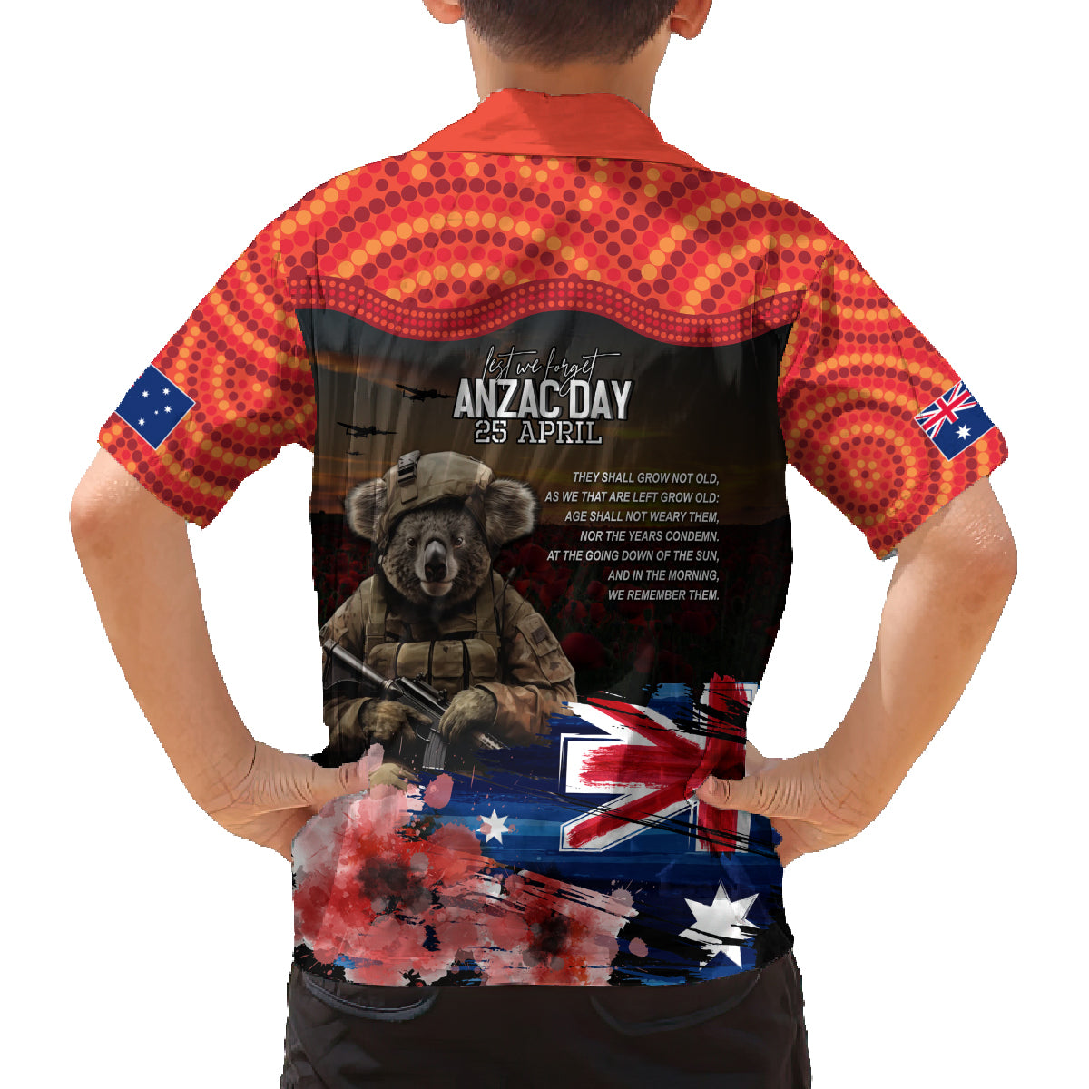 Australia ANZAC Day Family Matching Off Shoulder Maxi Dress and Hawaiian Shirt Koala and Kangaroo Red Poppy Flower Field Aboriginal Pattern