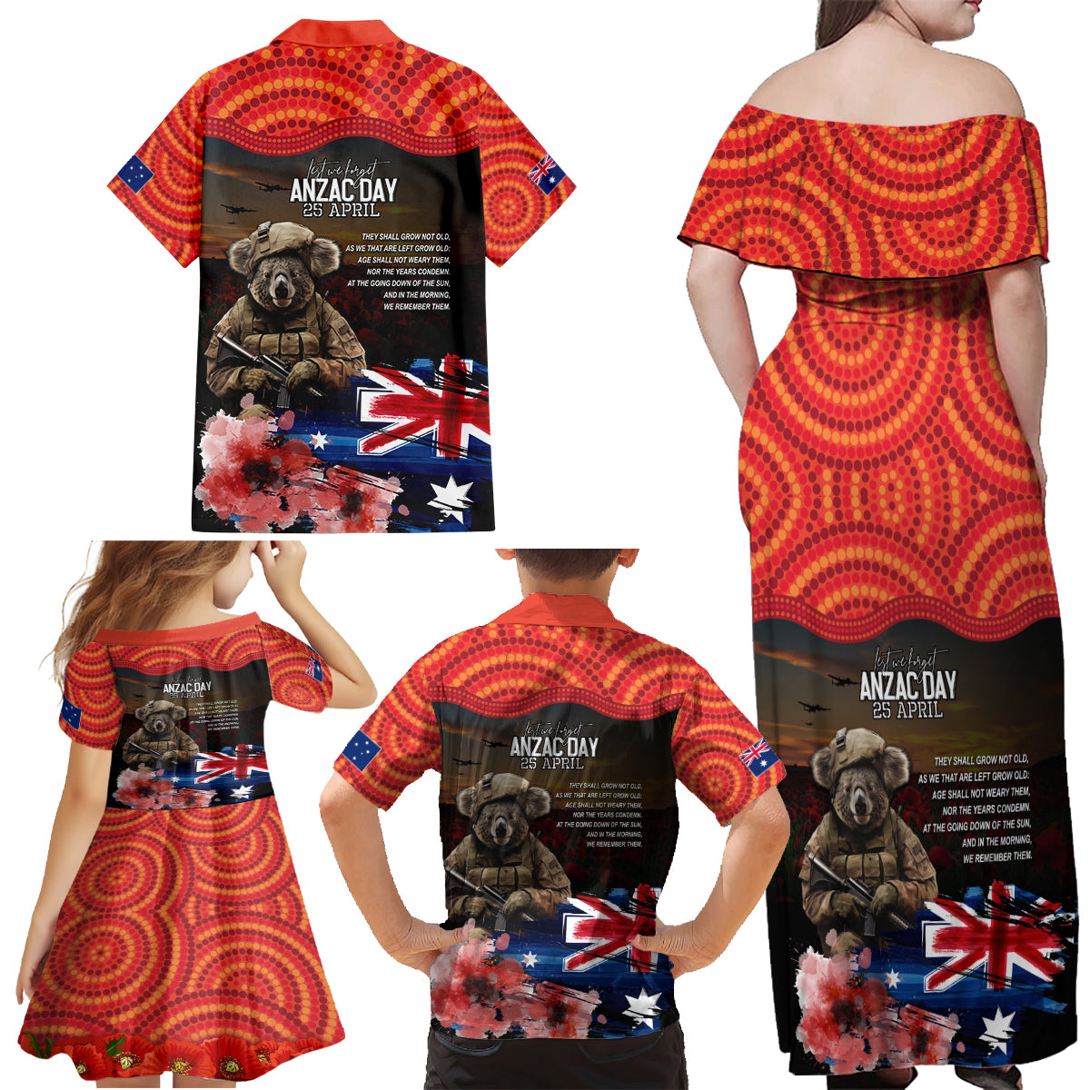 Australia ANZAC Day Family Matching Off Shoulder Maxi Dress and Hawaiian Shirt Koala and Kangaroo Red Poppy Flower Field Aboriginal Pattern