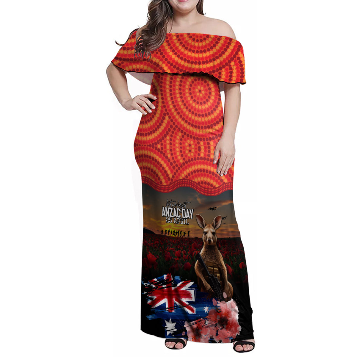 Australia ANZAC Day Family Matching Off Shoulder Maxi Dress and Hawaiian Shirt Koala and Kangaroo Red Poppy Flower Field Aboriginal Pattern