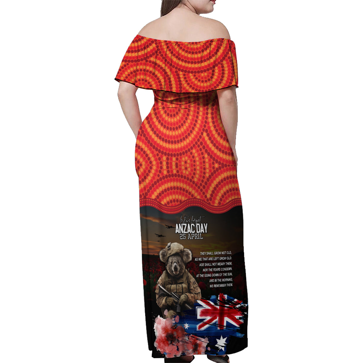Australia ANZAC Day Family Matching Off Shoulder Maxi Dress and Hawaiian Shirt Koala and Kangaroo Red Poppy Flower Field Aboriginal Pattern