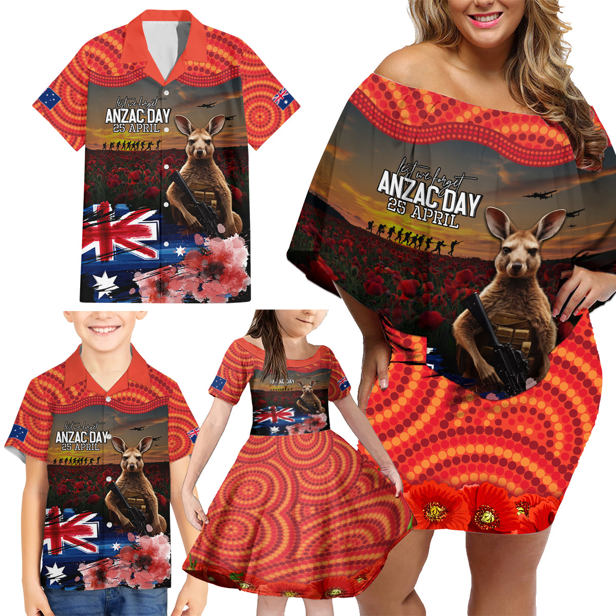 Australia ANZAC Day Family Matching Off Shoulder Short Dress and Hawaiian Shirt Koala and Kangaroo Red Poppy Flower Field Aboriginal Pattern