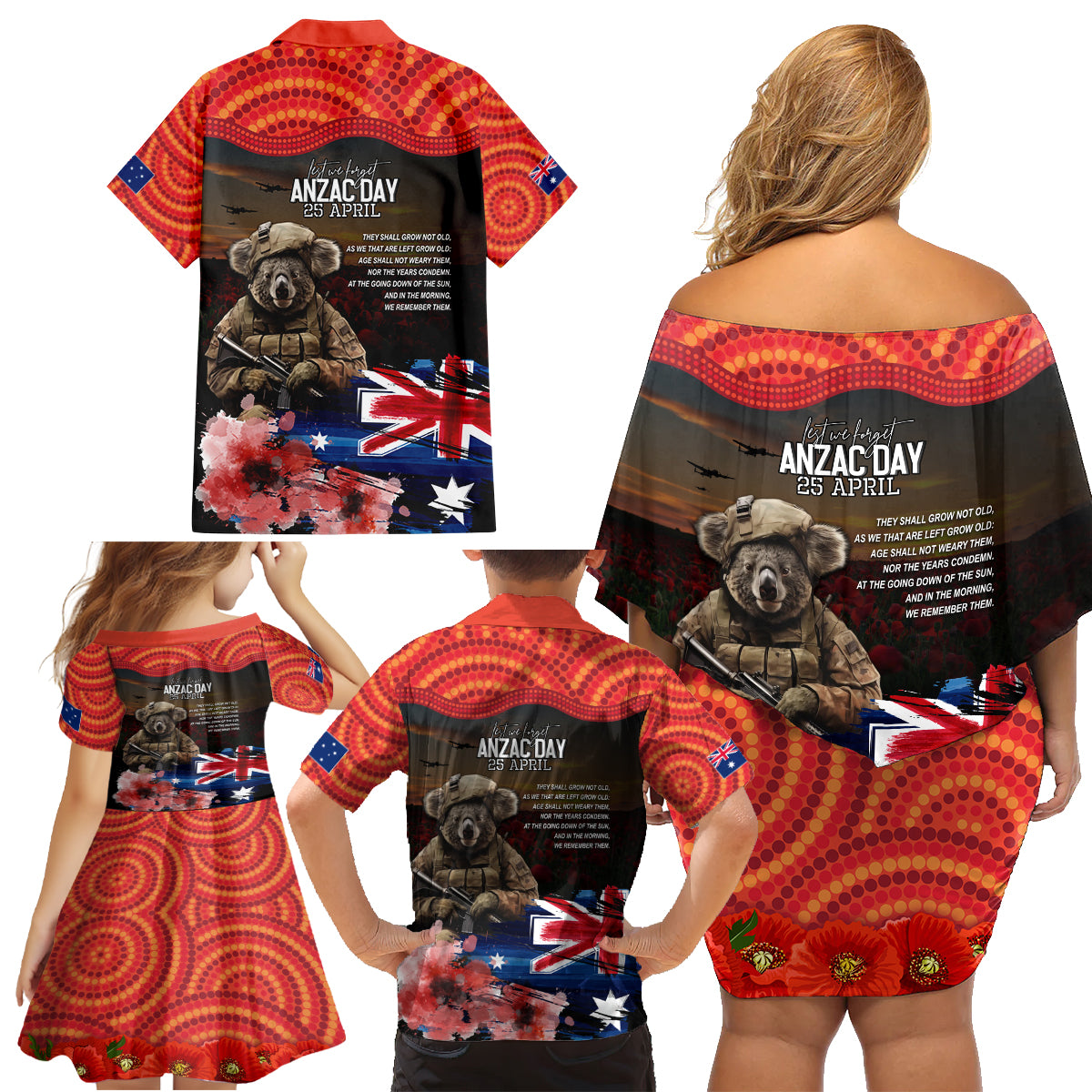 Australia ANZAC Day Family Matching Off Shoulder Short Dress and Hawaiian Shirt Koala and Kangaroo Red Poppy Flower Field Aboriginal Pattern