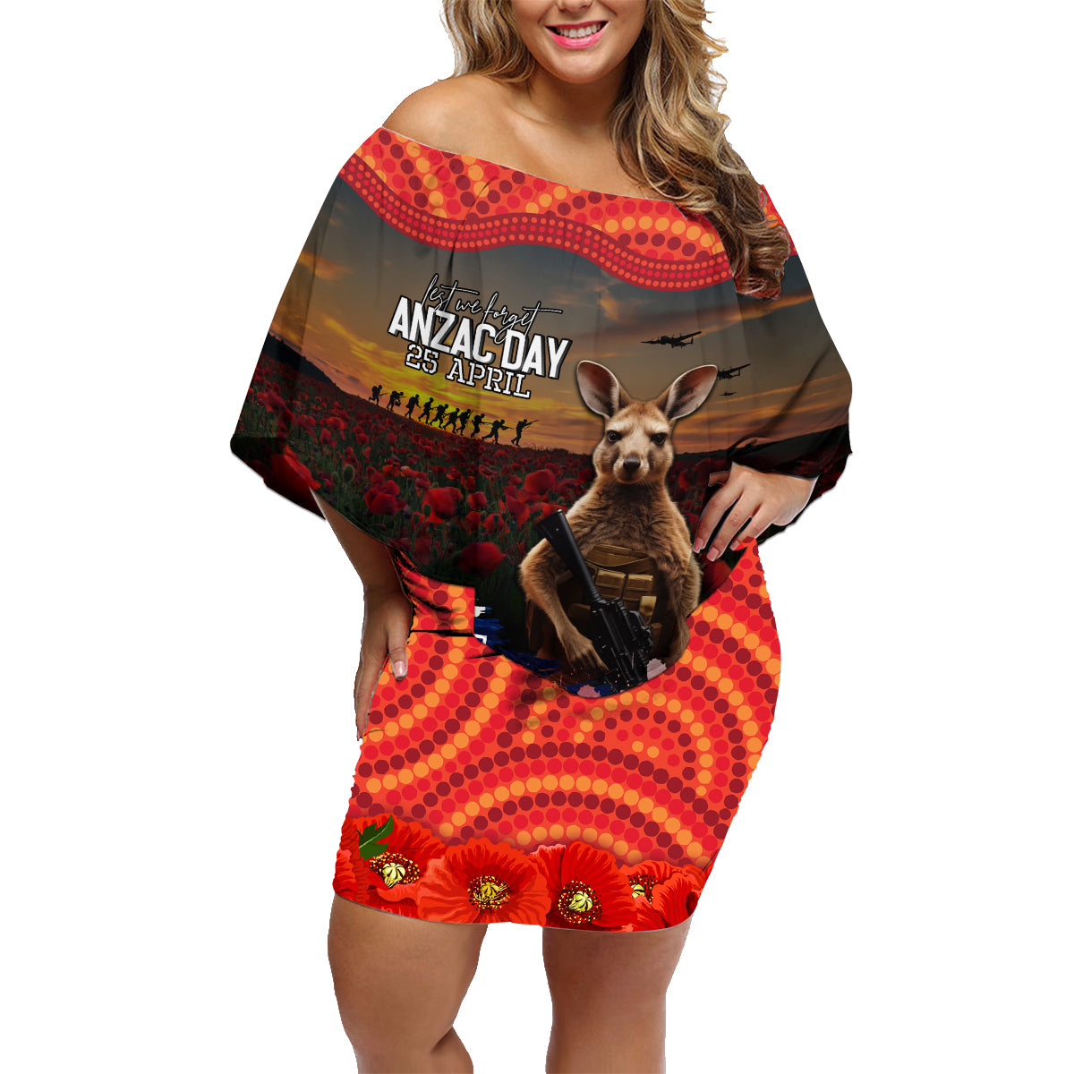 Australia ANZAC Day Family Matching Off Shoulder Short Dress and Hawaiian Shirt Koala and Kangaroo Red Poppy Flower Field Aboriginal Pattern