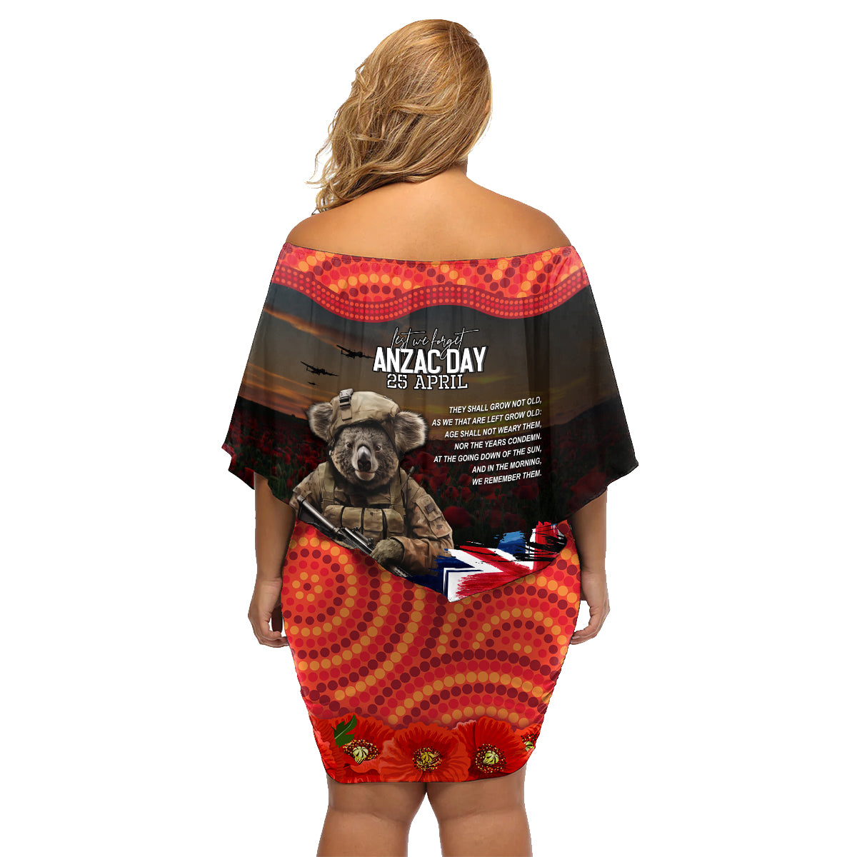 Australia ANZAC Day Family Matching Off Shoulder Short Dress and Hawaiian Shirt Koala and Kangaroo Red Poppy Flower Field Aboriginal Pattern