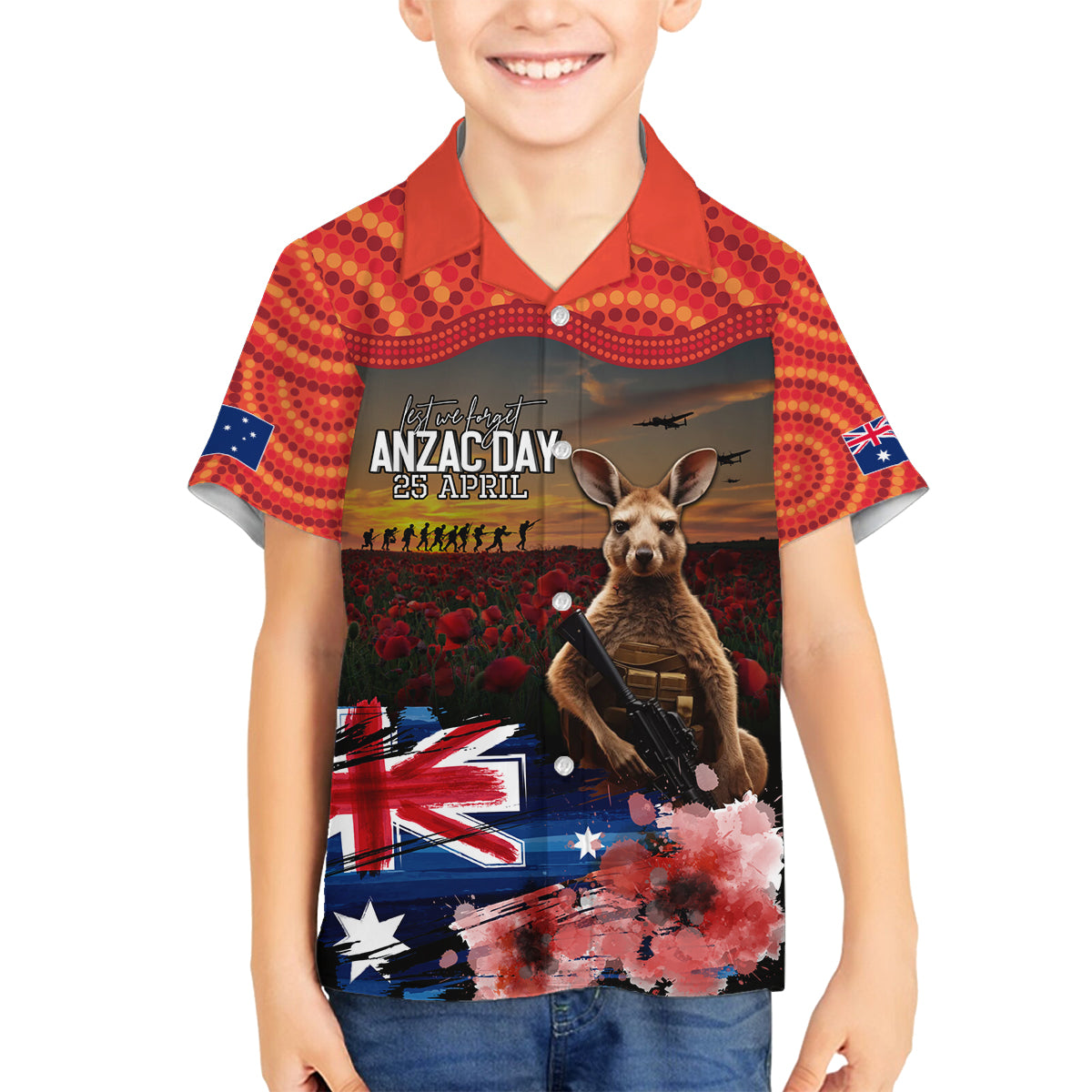 Australia ANZAC Day Family Matching Off Shoulder Short Dress and Hawaiian Shirt Koala and Kangaroo Red Poppy Flower Field Aboriginal Pattern