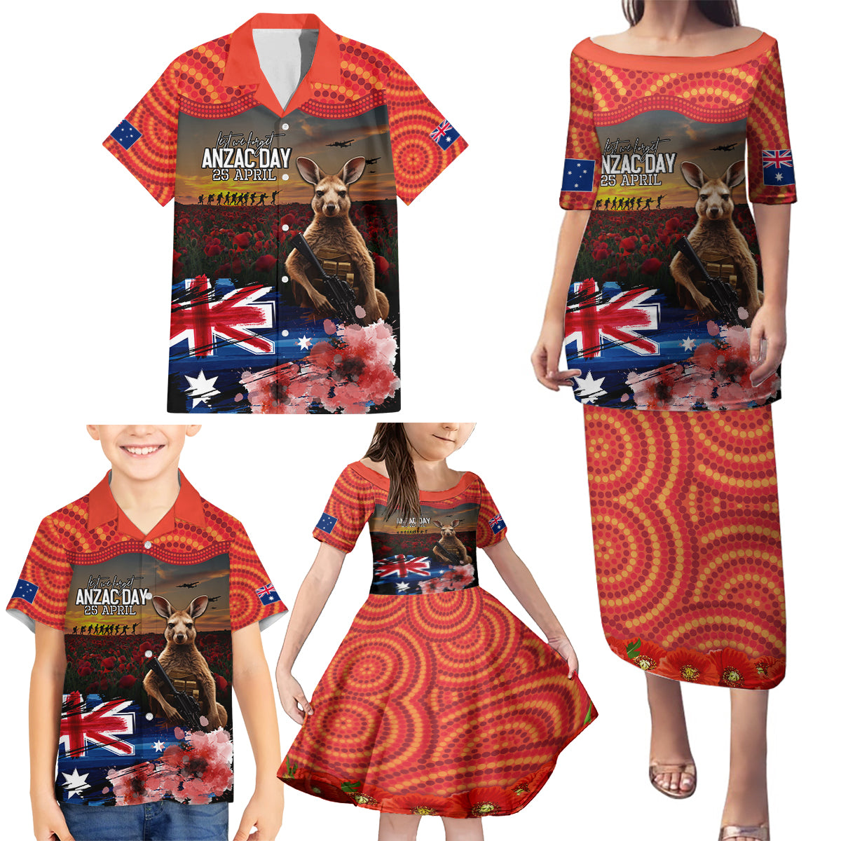 Australia ANZAC Day Family Matching Puletasi and Hawaiian Shirt Koala and Kangaroo Red Poppy Flower Field Aboriginal Pattern