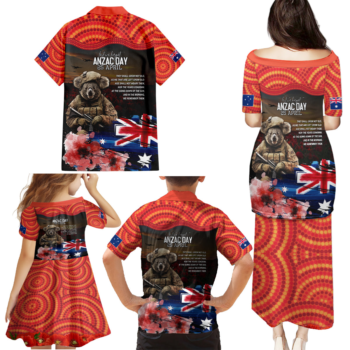 Australia ANZAC Day Family Matching Puletasi and Hawaiian Shirt Koala and Kangaroo Red Poppy Flower Field Aboriginal Pattern