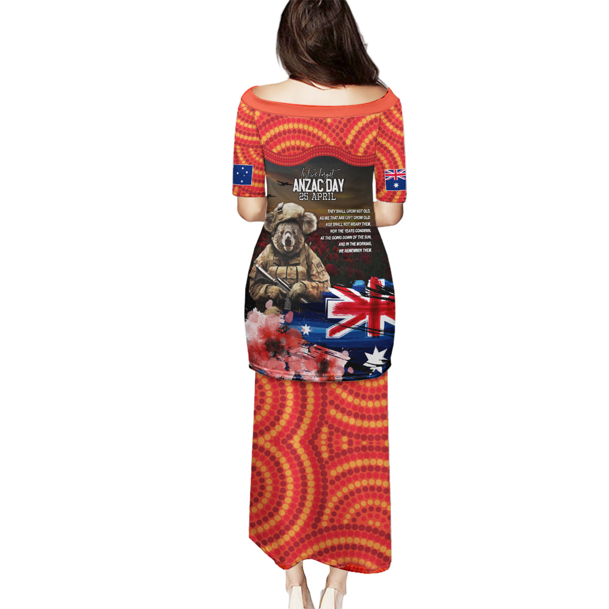 Australia ANZAC Day Family Matching Puletasi and Hawaiian Shirt Koala and Kangaroo Red Poppy Flower Field Aboriginal Pattern