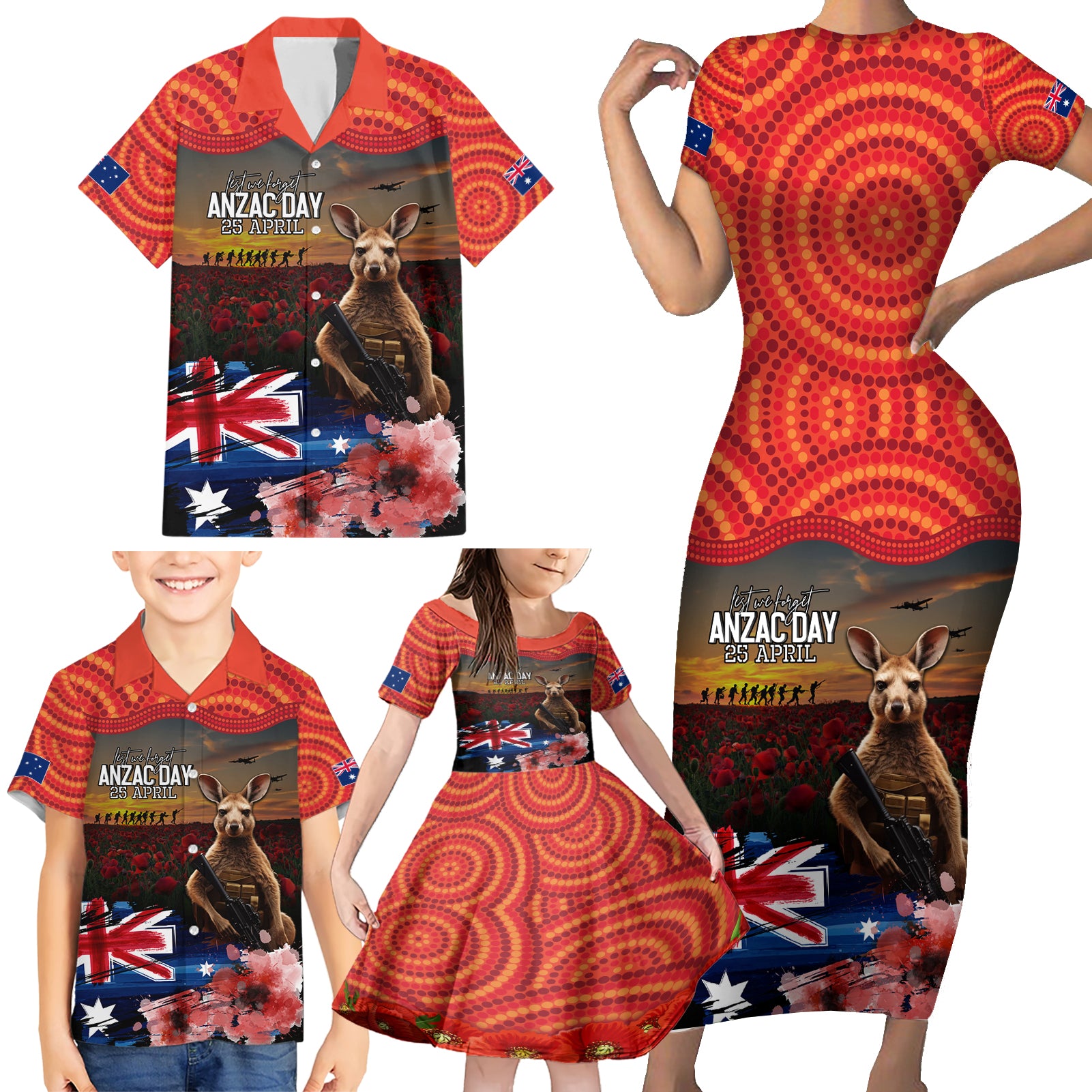 Australia ANZAC Day Family Matching Short Sleeve Bodycon Dress and Hawaiian Shirt Koala and Kangaroo Red Poppy Flower Field Aboriginal Pattern