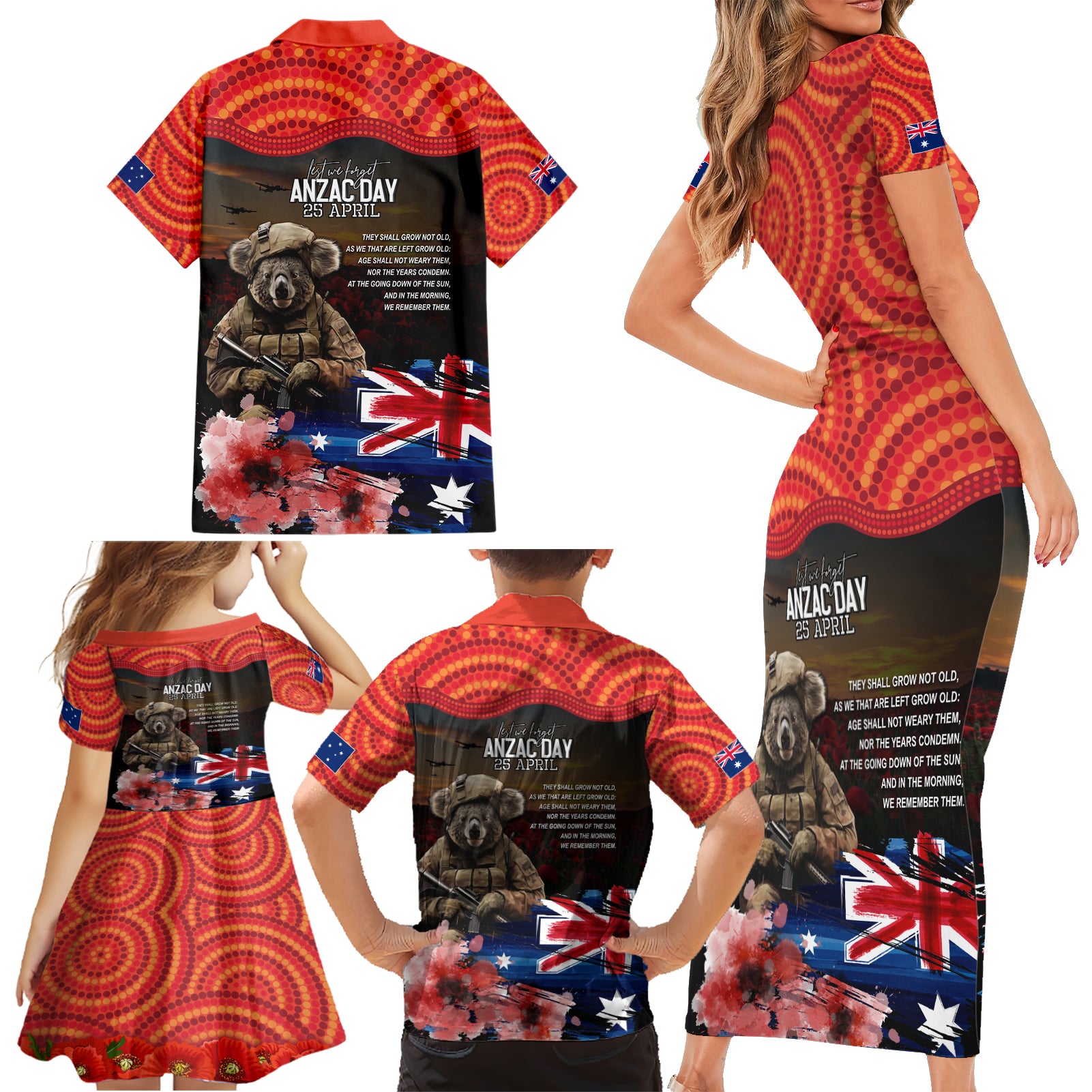 Australia ANZAC Day Family Matching Short Sleeve Bodycon Dress and Hawaiian Shirt Koala and Kangaroo Red Poppy Flower Field Aboriginal Pattern