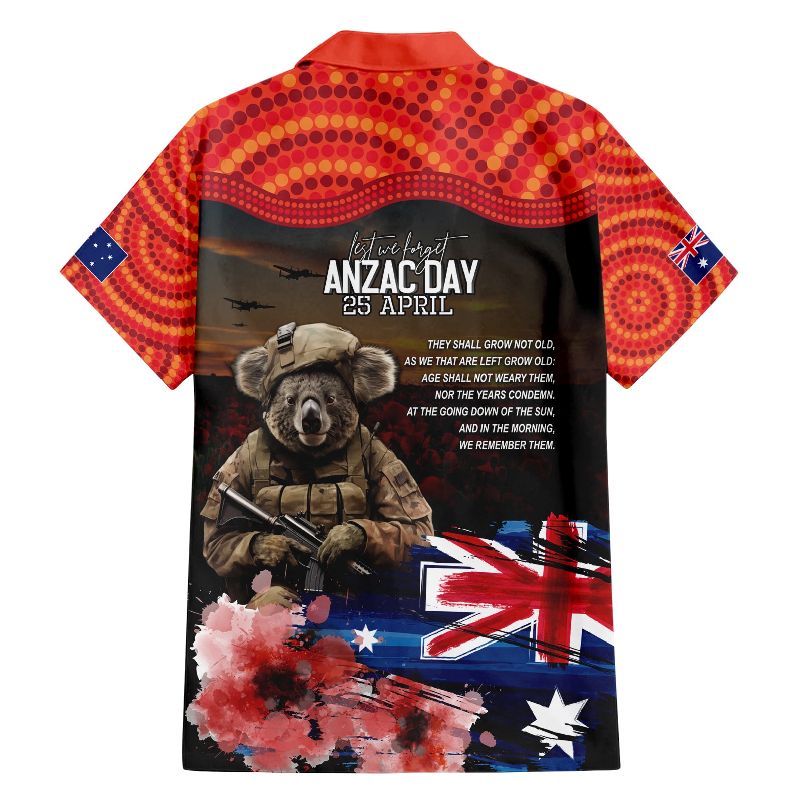 Australia ANZAC Day Family Matching Short Sleeve Bodycon Dress and Hawaiian Shirt Koala and Kangaroo Red Poppy Flower Field Aboriginal Pattern