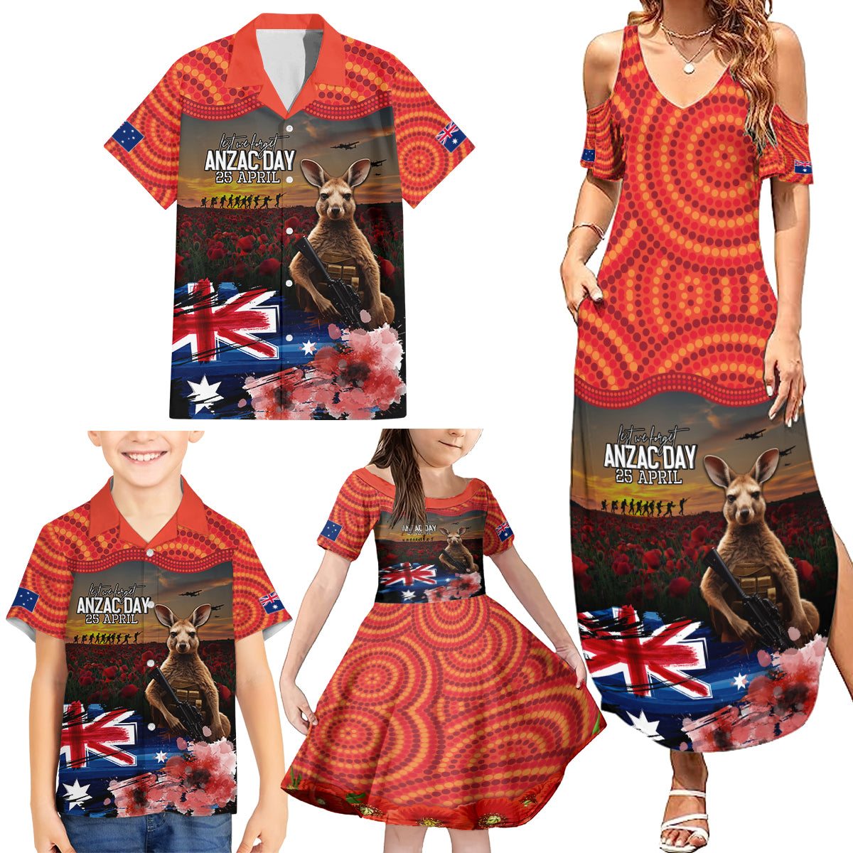 Australia ANZAC Day Family Matching Summer Maxi Dress and Hawaiian Shirt Koala and Kangaroo Red Poppy Flower Field Aboriginal Pattern