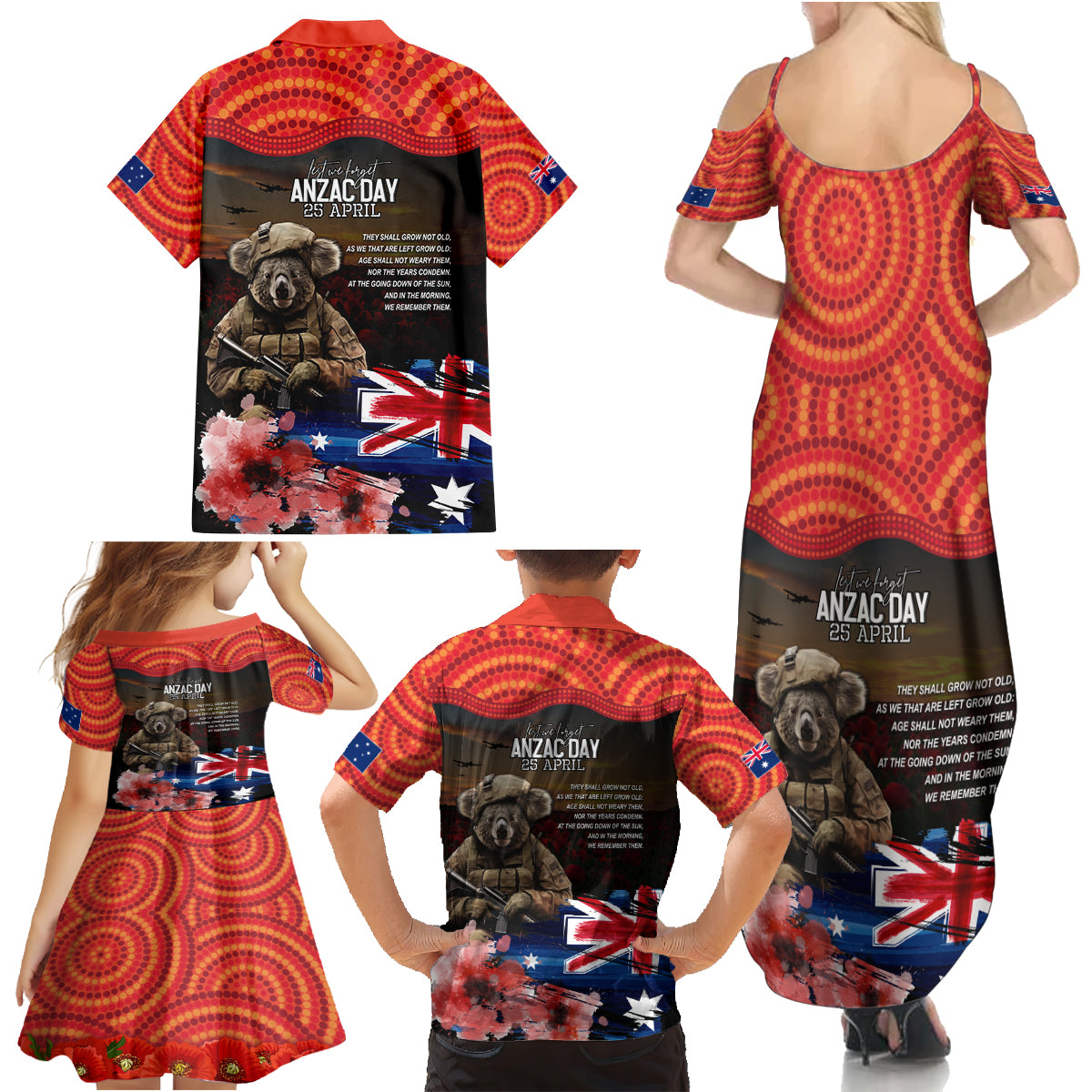 Australia ANZAC Day Family Matching Summer Maxi Dress and Hawaiian Shirt Koala and Kangaroo Red Poppy Flower Field Aboriginal Pattern