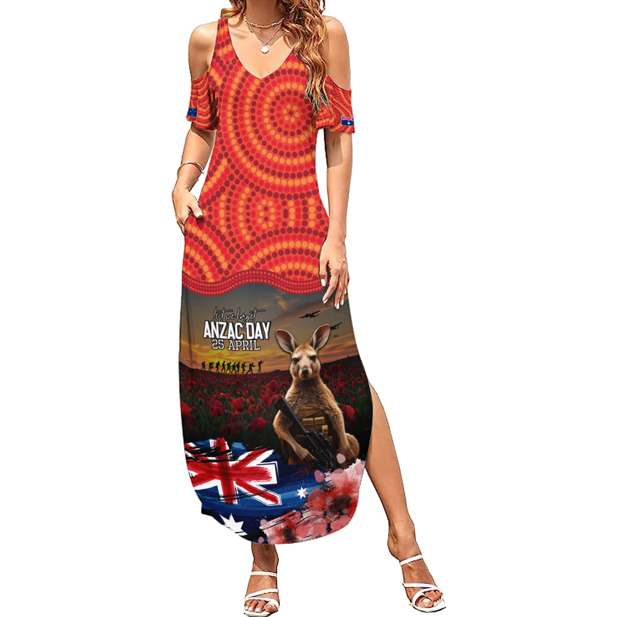Australia ANZAC Day Family Matching Summer Maxi Dress and Hawaiian Shirt Koala and Kangaroo Red Poppy Flower Field Aboriginal Pattern