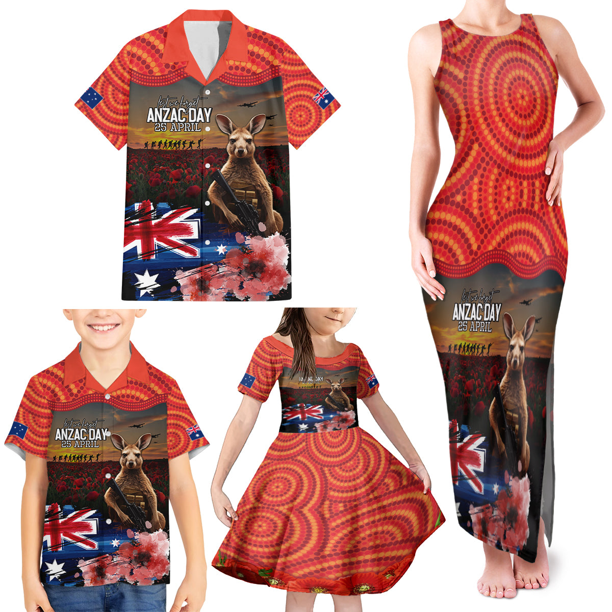 Australia ANZAC Day Family Matching Tank Maxi Dress and Hawaiian Shirt Koala and Kangaroo Red Poppy Flower Field Aboriginal Pattern
