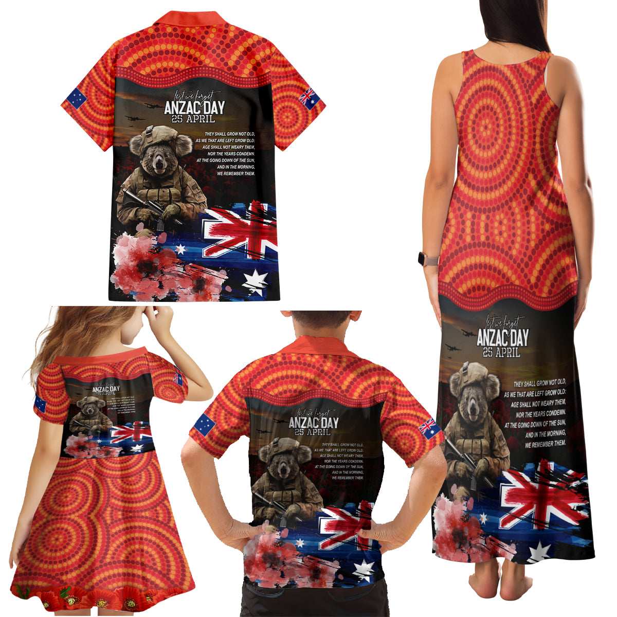 Australia ANZAC Day Family Matching Tank Maxi Dress and Hawaiian Shirt Koala and Kangaroo Red Poppy Flower Field Aboriginal Pattern