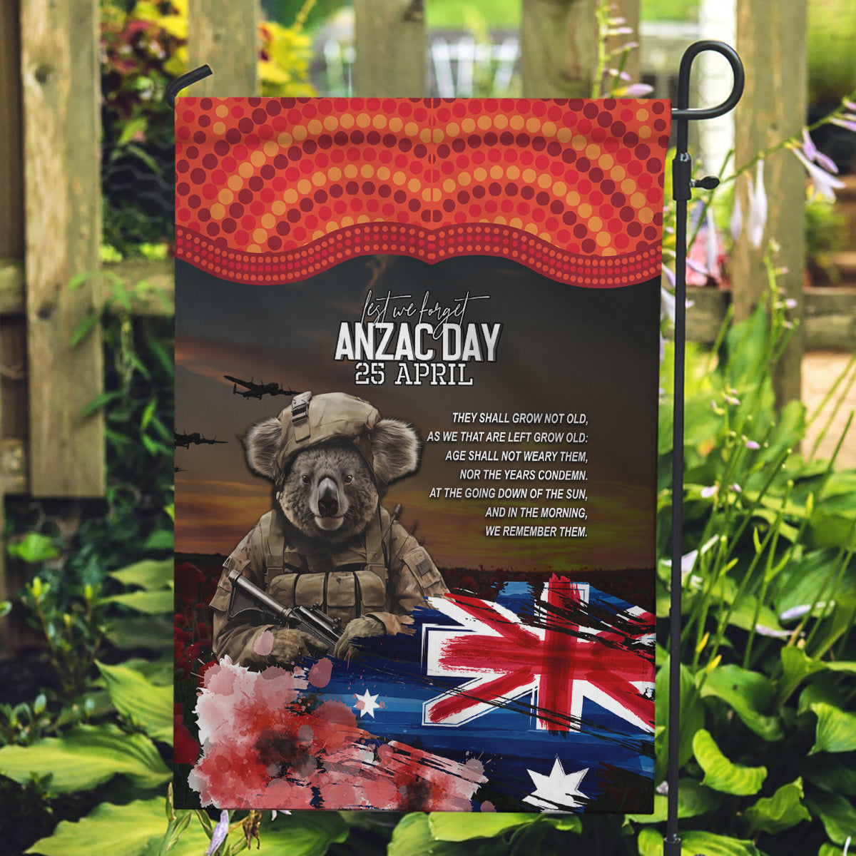 Australia ANZAC Day Garden Flag Koala and Kangaroo Red Poppy Flower Field Aboriginal Pattern - Vibe Hoodie Shop