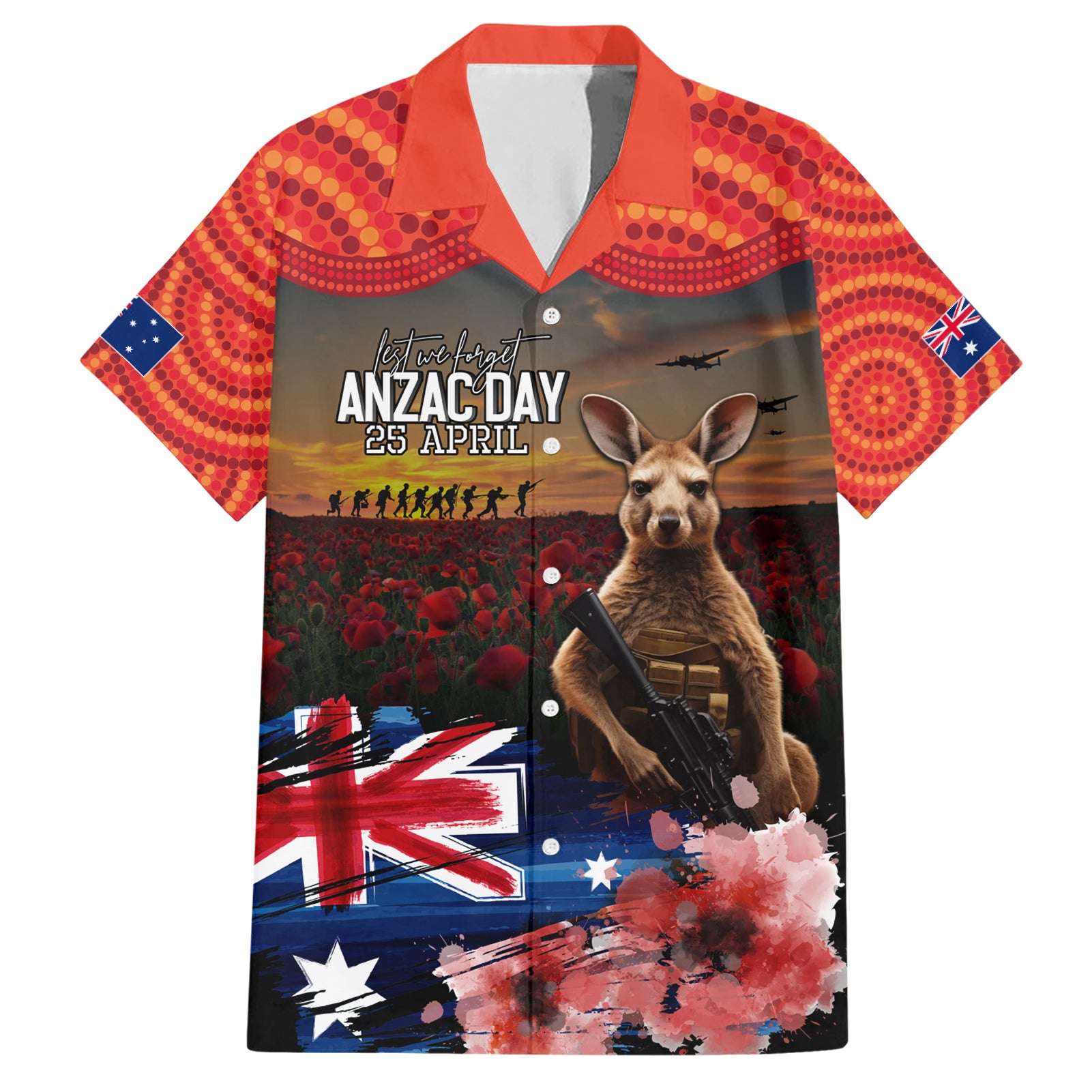 Australia ANZAC Day Hawaiian Shirt Koala and Kangaroo Red Poppy Flower Field Aboriginal Pattern - Vibe Hoodie Shop