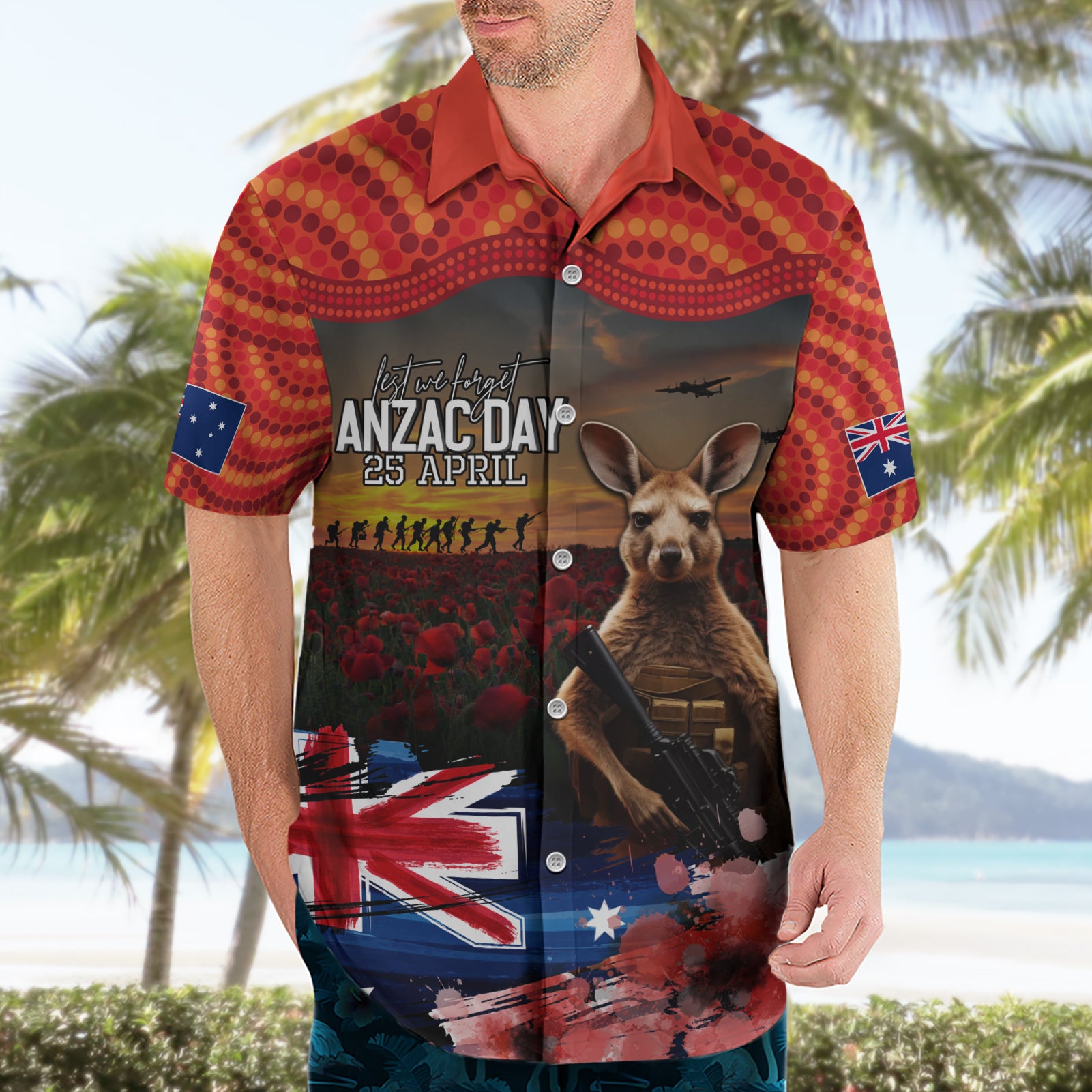 Australia ANZAC Day Hawaiian Shirt Koala and Kangaroo Red Poppy Flower Field Aboriginal Pattern - Vibe Hoodie Shop