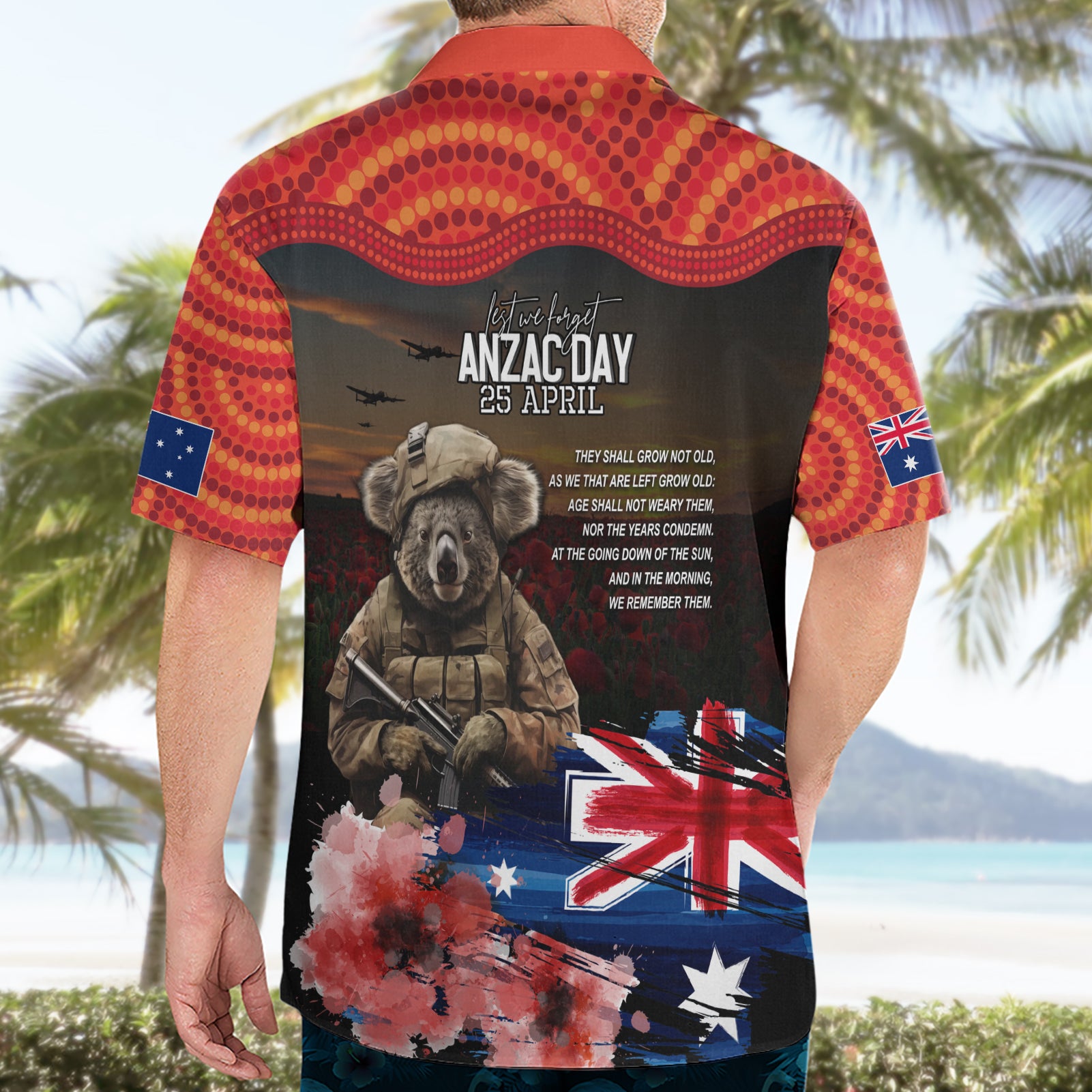 Australia ANZAC Day Hawaiian Shirt Koala and Kangaroo Red Poppy Flower Field Aboriginal Pattern - Vibe Hoodie Shop