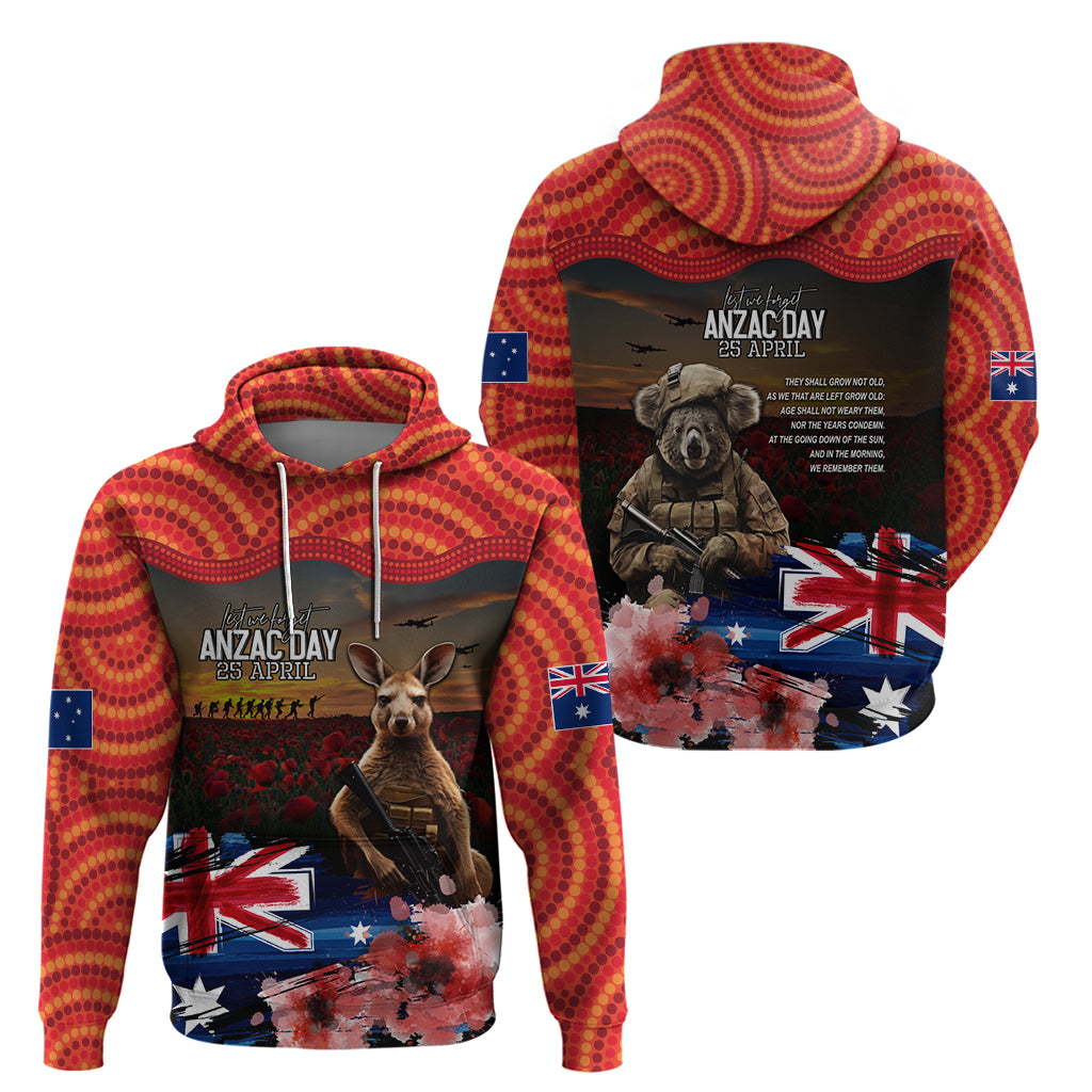 Australia ANZAC Day Hoodie Koala and Kangaroo Red Poppy Flower Field Aboriginal Pattern - Vibe Hoodie Shop