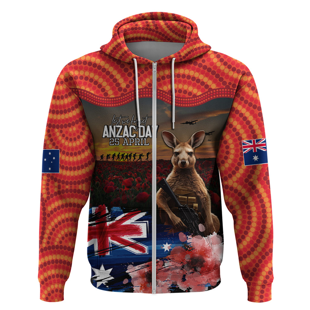 Australia ANZAC Day Hoodie Koala and Kangaroo Red Poppy Flower Field Aboriginal Pattern - Vibe Hoodie Shop