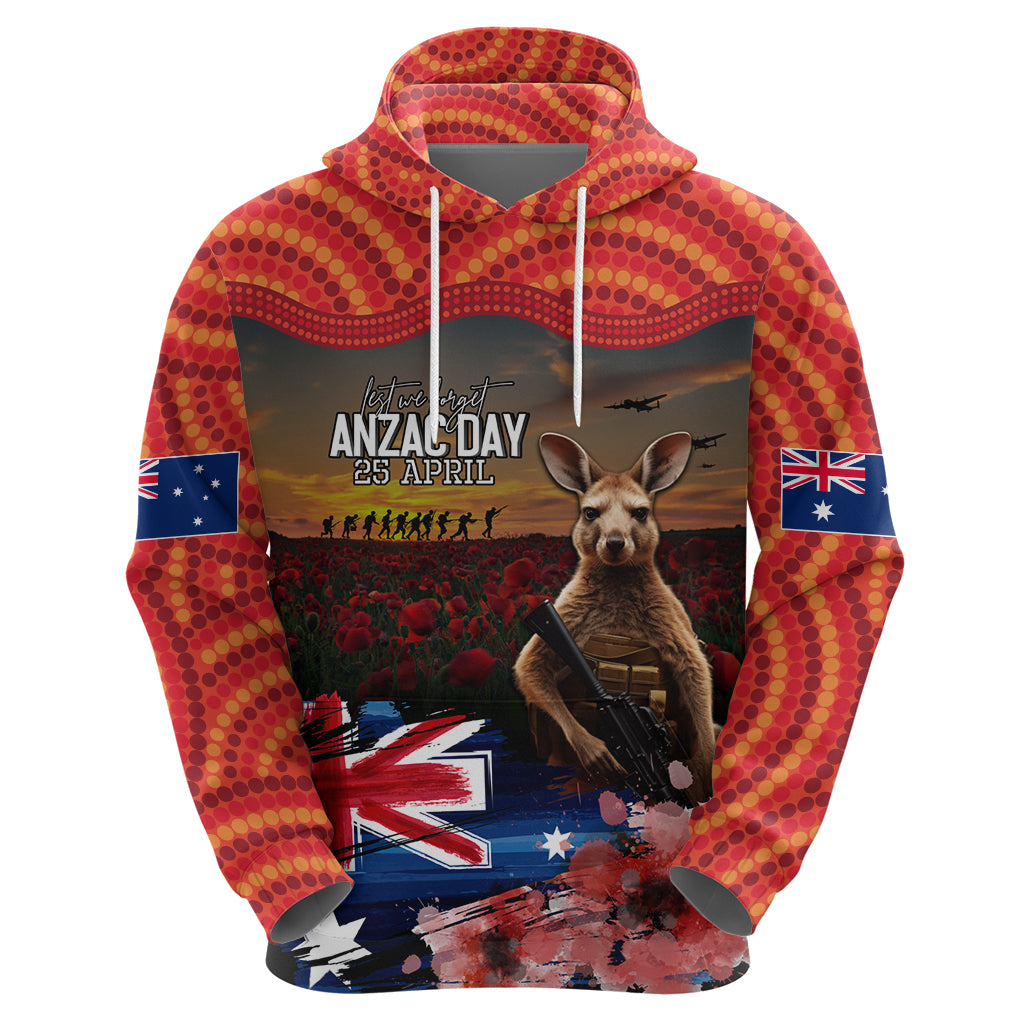 Australia ANZAC Day Hoodie Koala and Kangaroo Red Poppy Flower Field Aboriginal Pattern - Vibe Hoodie Shop