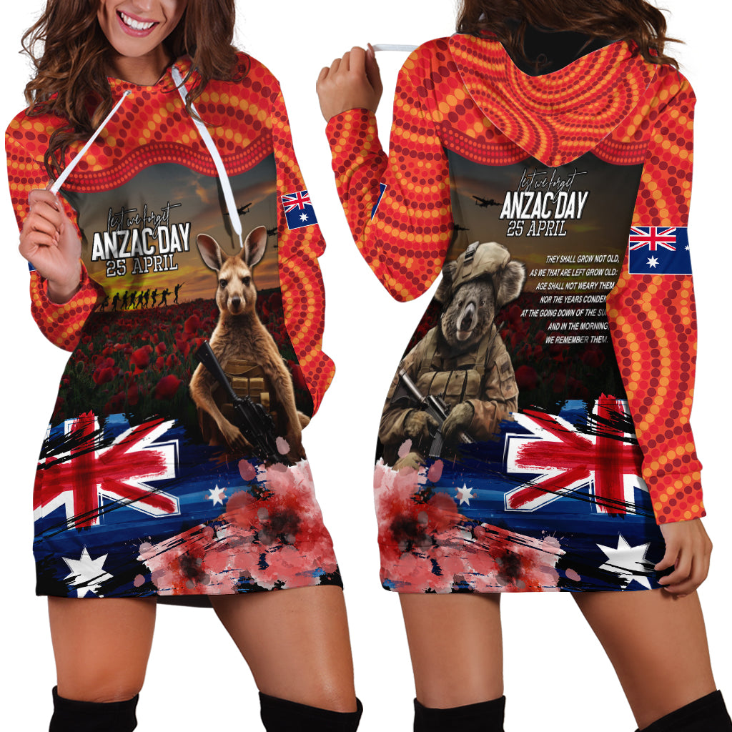 Australia ANZAC Day Hoodie Dress Koala and Kangaroo Red Poppy Flower Field Aboriginal Pattern - Vibe Hoodie Shop
