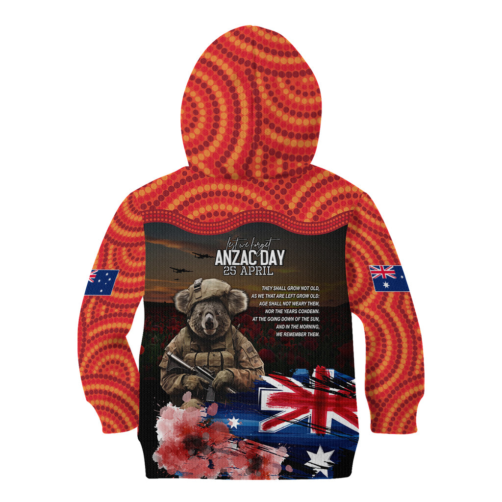 Australia ANZAC Day Kid Hoodie Koala and Kangaroo Red Poppy Flower Field Aboriginal Pattern - Vibe Hoodie Shop