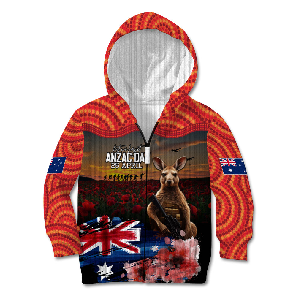 Australia ANZAC Day Kid Hoodie Koala and Kangaroo Red Poppy Flower Field Aboriginal Pattern - Vibe Hoodie Shop
