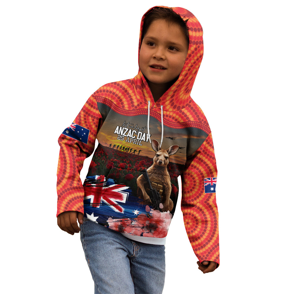 Australia ANZAC Day Kid Hoodie Koala and Kangaroo Red Poppy Flower Field Aboriginal Pattern - Vibe Hoodie Shop