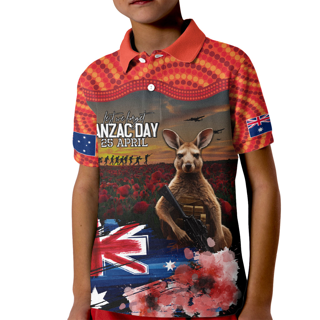 Australia ANZAC Day Kid Polo Shirt Koala and Kangaroo Red Poppy Flower Field Aboriginal Pattern - Vibe Hoodie Shop