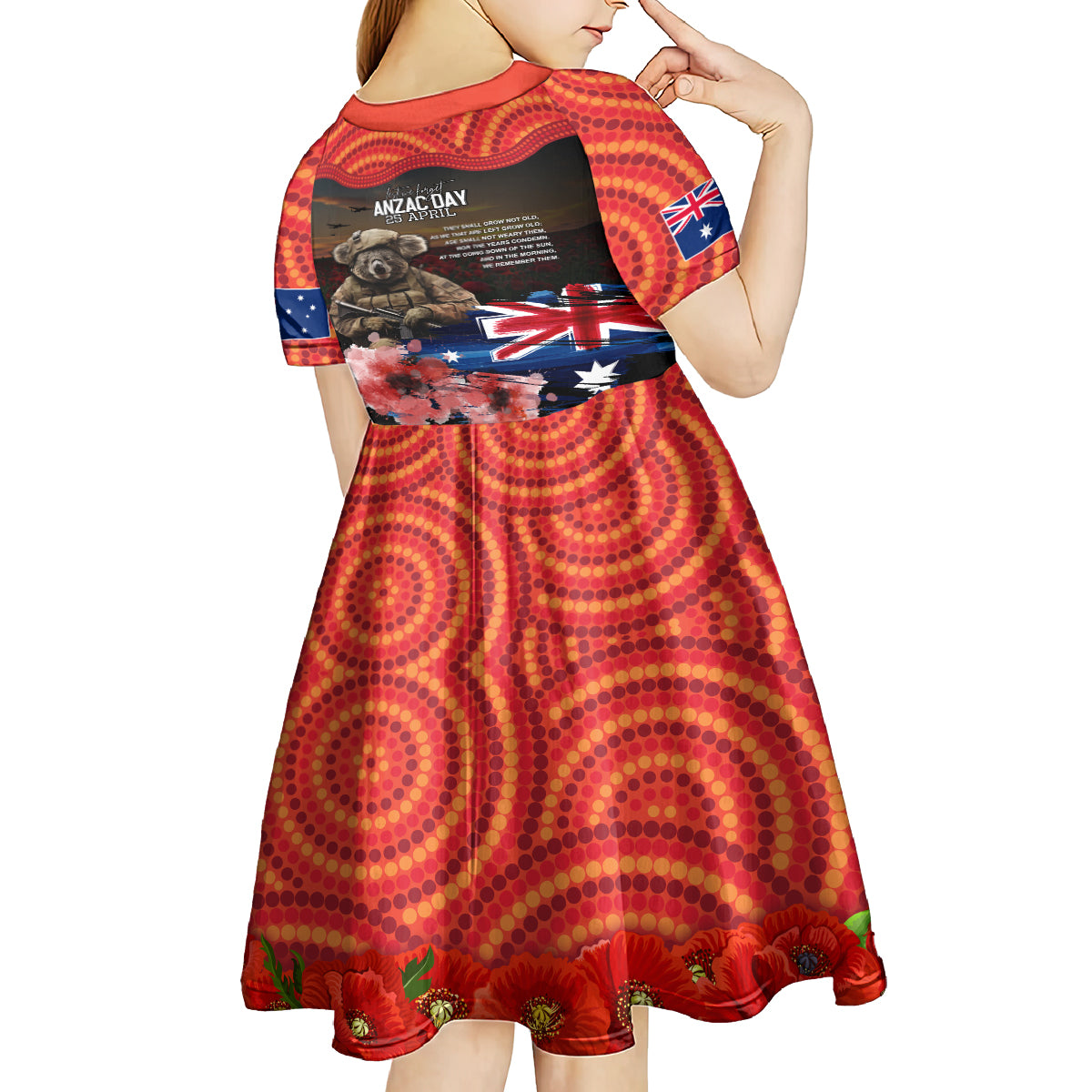 Australia ANZAC Day Kid Short Sleeve Dress Koala and Kangaroo Red Poppy Flower Field Aboriginal Pattern - Vibe Hoodie Shop