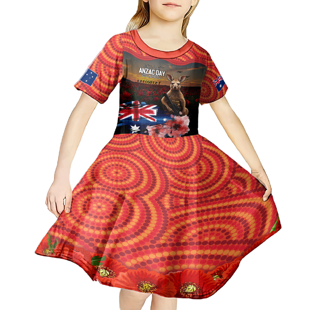 Australia ANZAC Day Kid Short Sleeve Dress Koala and Kangaroo Red Poppy Flower Field Aboriginal Pattern - Vibe Hoodie Shop