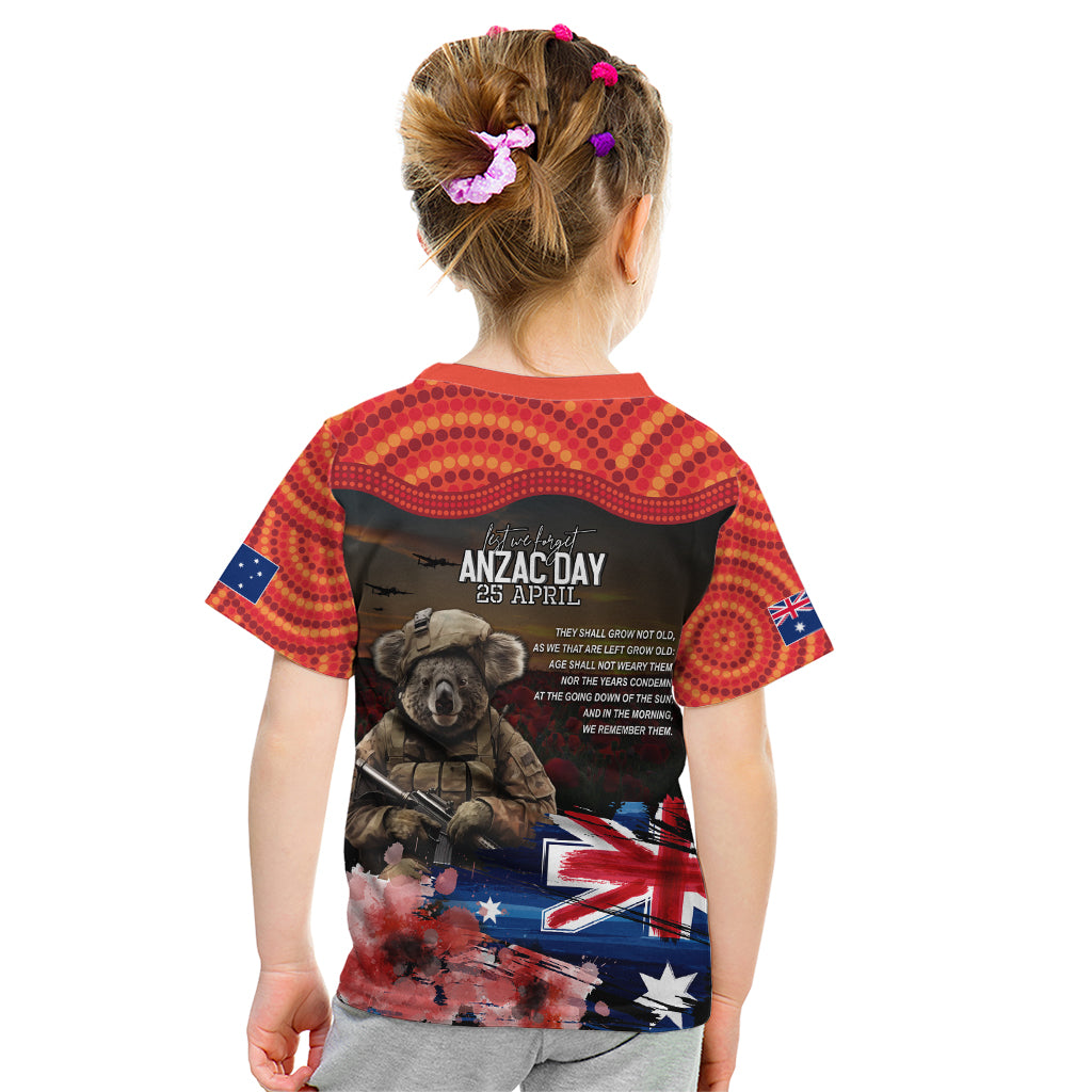 Australia ANZAC Day Kid T Shirt Koala and Kangaroo Red Poppy Flower Field Aboriginal Pattern - Vibe Hoodie Shop