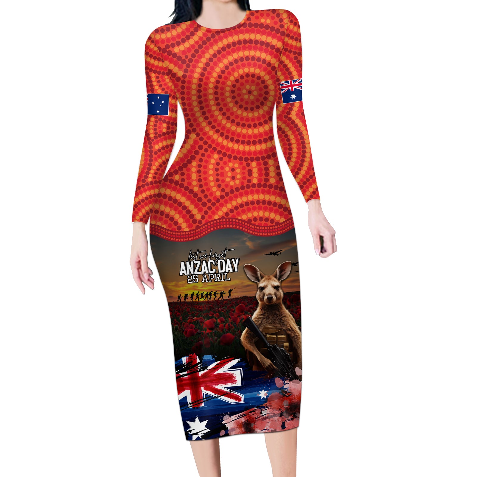 Australia ANZAC Day Long Sleeve Bodycon Dress Koala and Kangaroo Red Poppy Flower Field Aboriginal Pattern