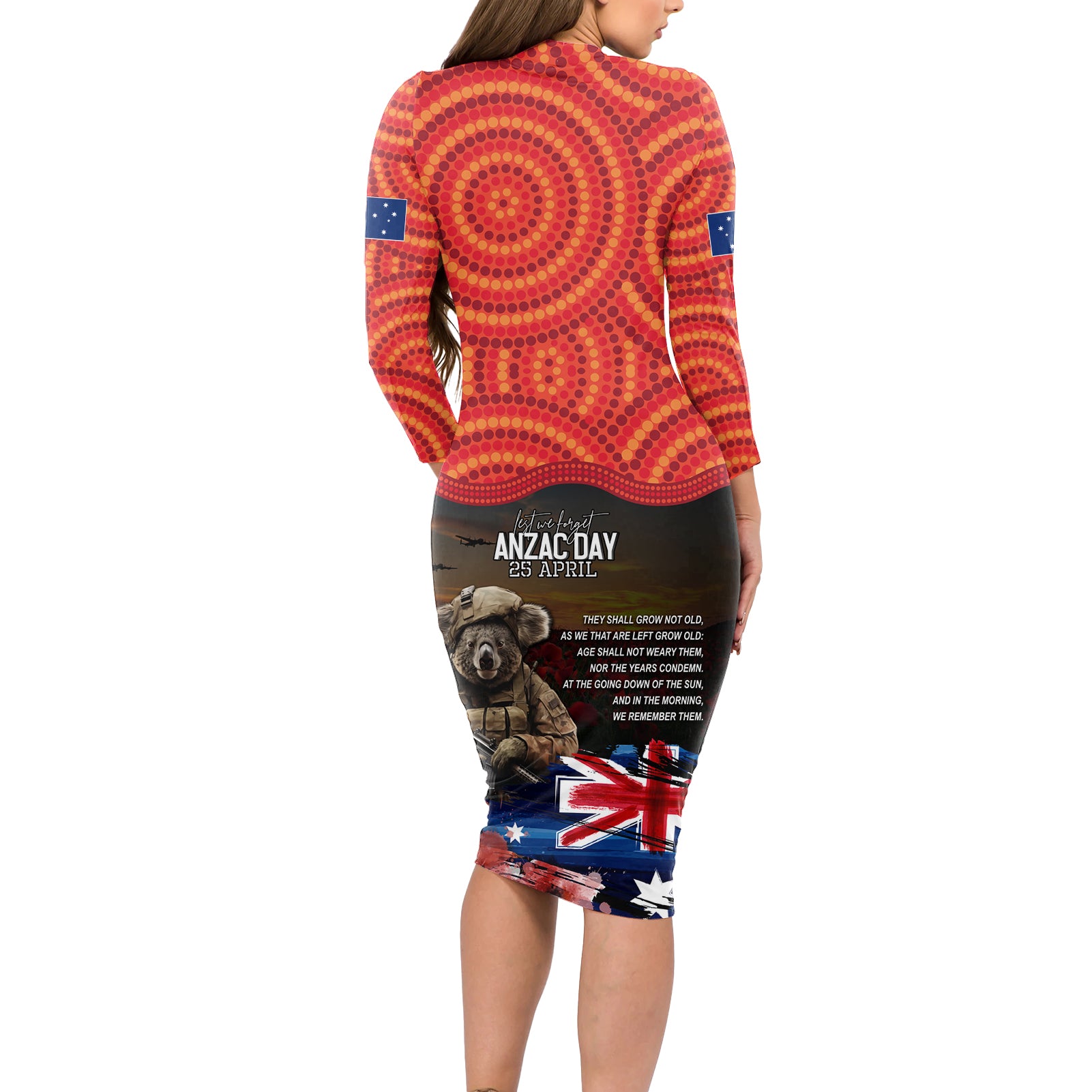 Australia ANZAC Day Long Sleeve Bodycon Dress Koala and Kangaroo Red Poppy Flower Field Aboriginal Pattern