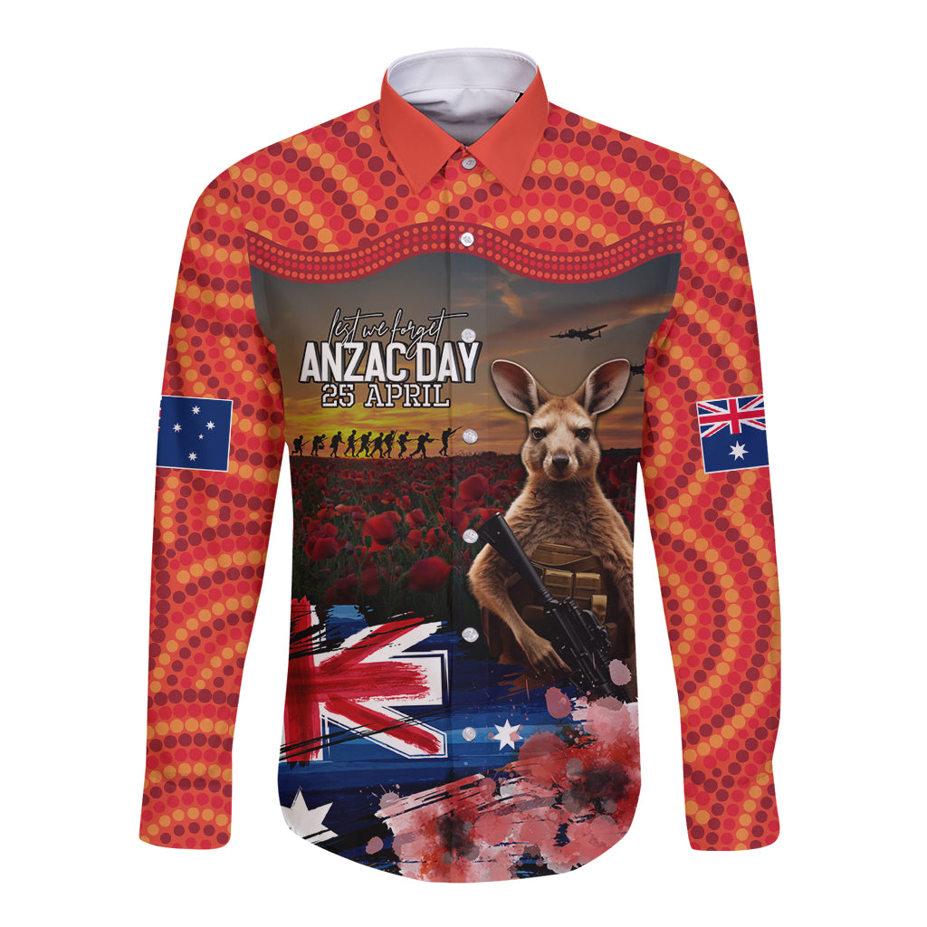 Australia ANZAC Day Long Sleeve Button Shirt Koala and Kangaroo Red Poppy Flower Field Aboriginal Pattern - Vibe Hoodie Shop