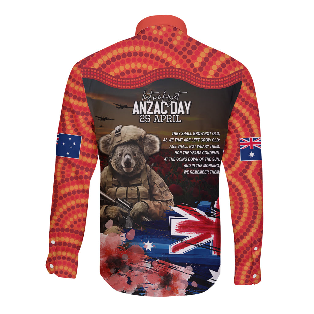 Australia ANZAC Day Long Sleeve Button Shirt Koala and Kangaroo Red Poppy Flower Field Aboriginal Pattern - Vibe Hoodie Shop