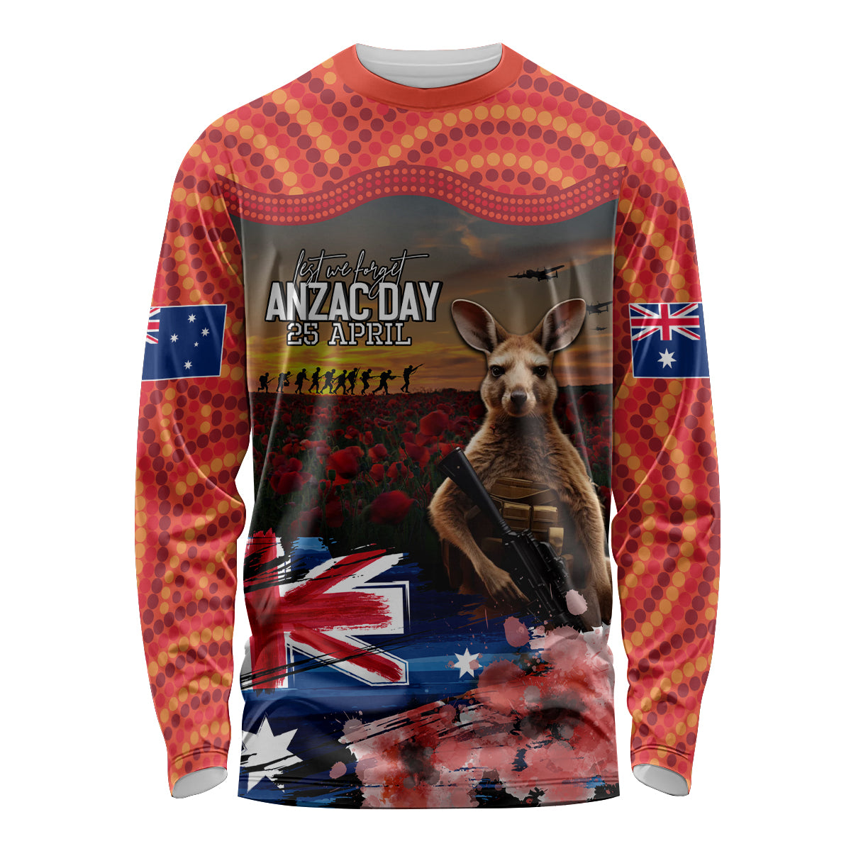Australia ANZAC Day Long Sleeve Shirt Koala and Kangaroo Red Poppy Flower Field Aboriginal Pattern - Vibe Hoodie Shop