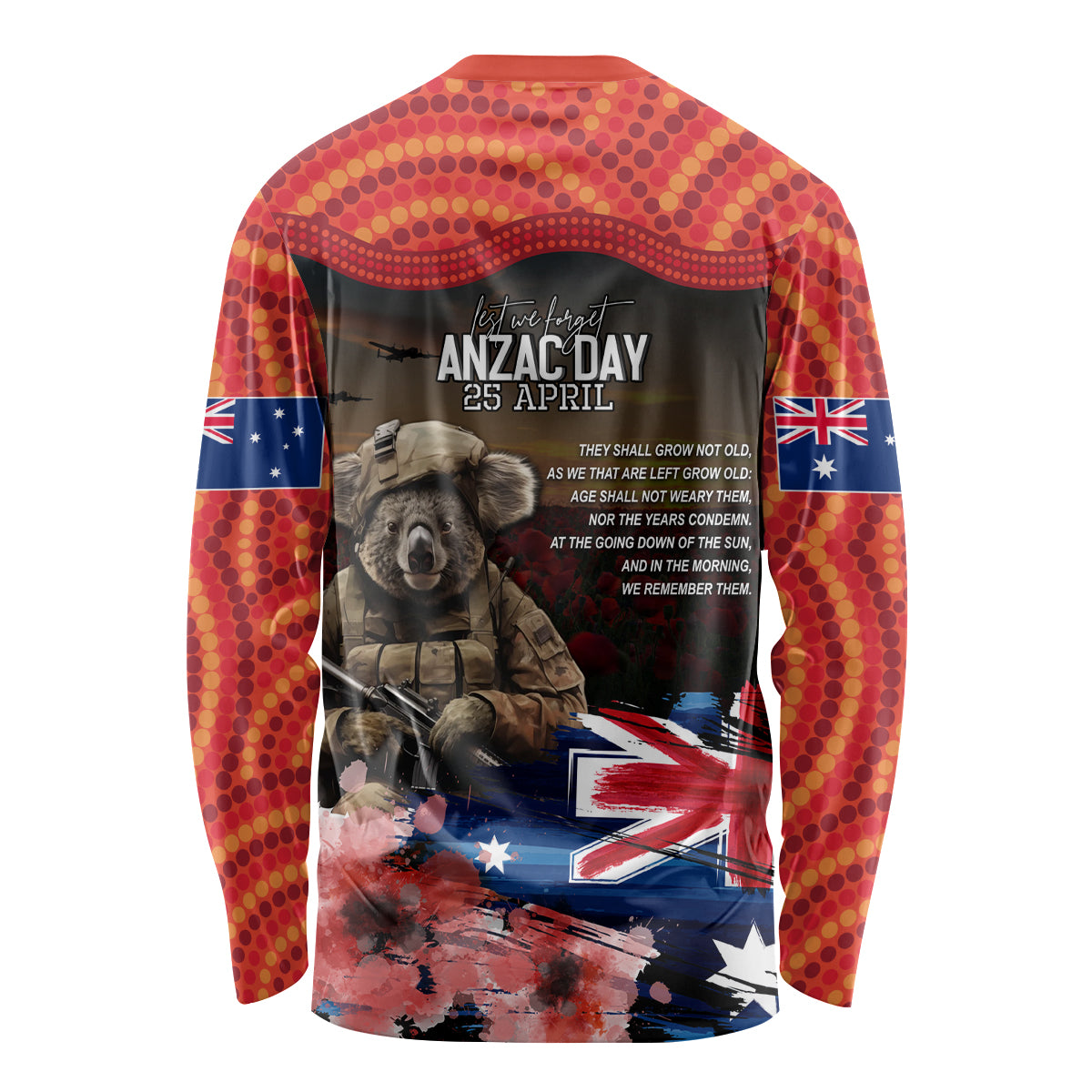 Australia ANZAC Day Long Sleeve Shirt Koala and Kangaroo Red Poppy Flower Field Aboriginal Pattern - Vibe Hoodie Shop